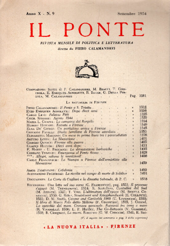 Il Ponte. Rivista mensile di Politica e Letteratura diretta da Piero Calamandrei. Anno X, n. 1. Settembre 1954.