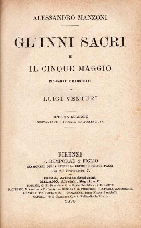 Gl'Inni Sacri e il Cinque Maggio. Dichiarati e illustrati da Luigi Venturi. Settima edizione.
