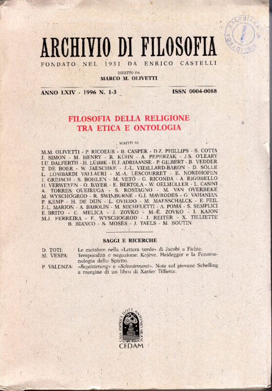 Filosofia della religione tra etica e ontologia. Atti del Convegno tenuto a Roma, 4-7 gennaio 1996