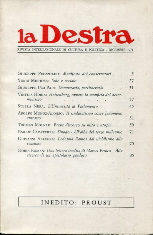La Destra, rivista internazionale di cultura e politica, n. 1/1971 - Inedito Proust