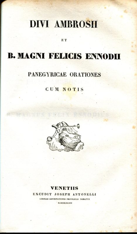 C. Plinii Caecilii Secundi epistolarum libri decem et panegyricus cum variorum annotationibus quibus suas addidit E. Gros. Unito a: De La Baune Jacques, Panegyrici veteres cum interpretatione et notis accedunt Christiani Schuuarzii, Venetiis Antonelli, 1842; Divi Ambrosii et B. Magni felicis Ennodii, Panegyricae orationes com notis, Venetiis, Antonelli, 1847