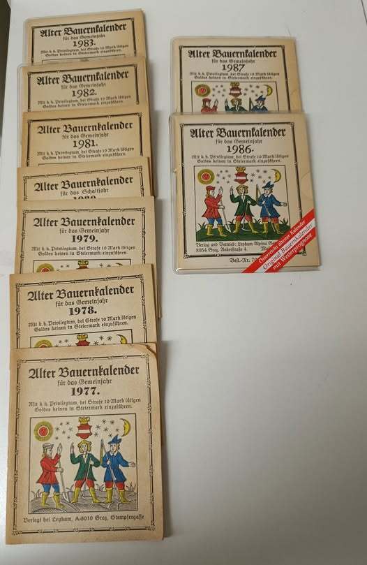 Alter Bauernkalender f??r das Gemeinjahr 1977-1983 und 1986/87 : Mit k.k. Privilegium, bei Strafe 10 Mark l??tigen Goldes keinen in Steiermark einzuf??hren.