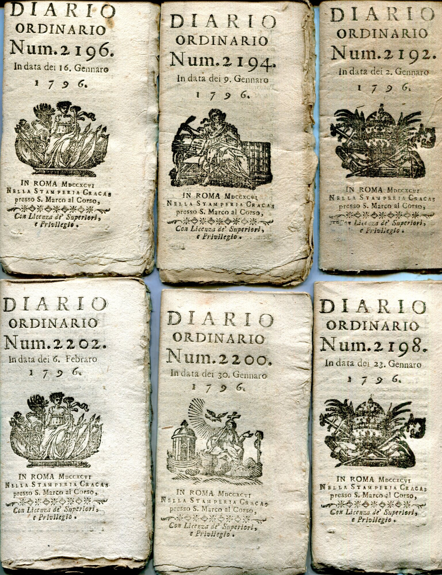 Diario ordinario  dal num. 2192 del 3 gennaio 1796 al numero 2296 del 31 dicembre 1796