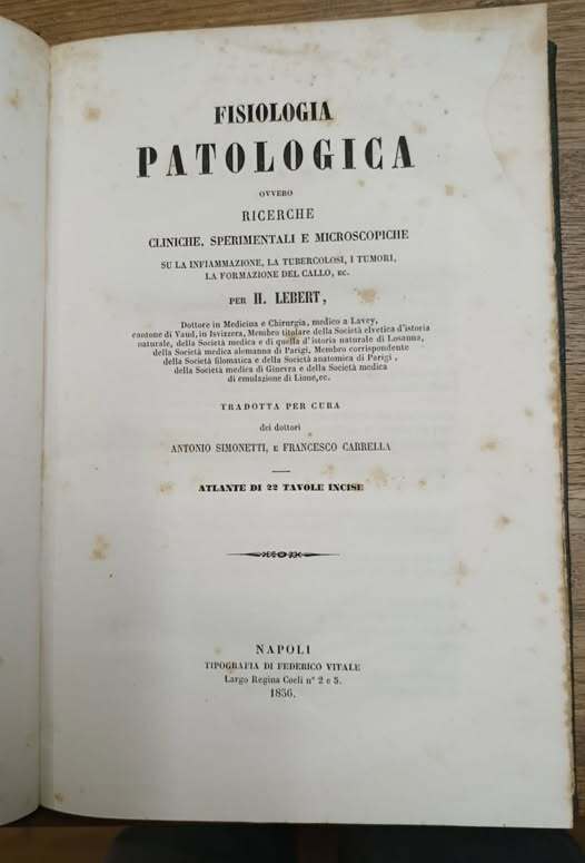 Fisiologia patologica ovvero Ricerche cliniche, sperimentali e microscopiche su la infiammazione, la tubercolosi, i tumori, la formazione del callo .. Atlante di 22 tavole incise