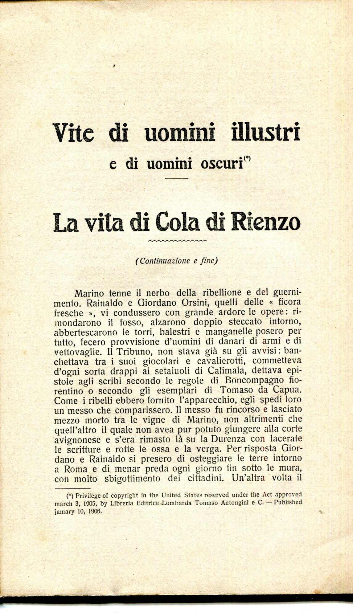Vite di uomini illustri e di uomini oscuri : la vita di Cola di Rienzo